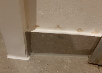 Feuchtigkeitsschaden über Fliesensockel und aufgequollene Tür